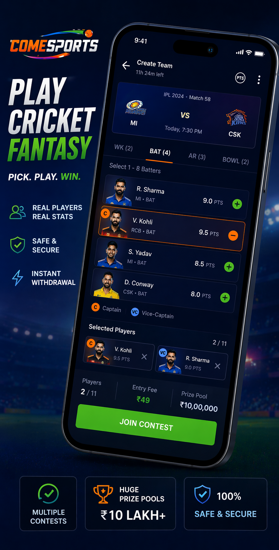 COME DREAM11 cricket fantasy visual