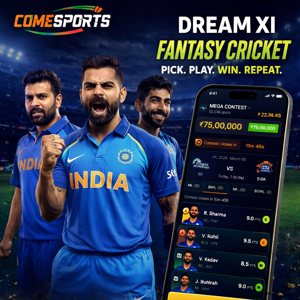 COME DREAM11 fantasy cricket and India team visual